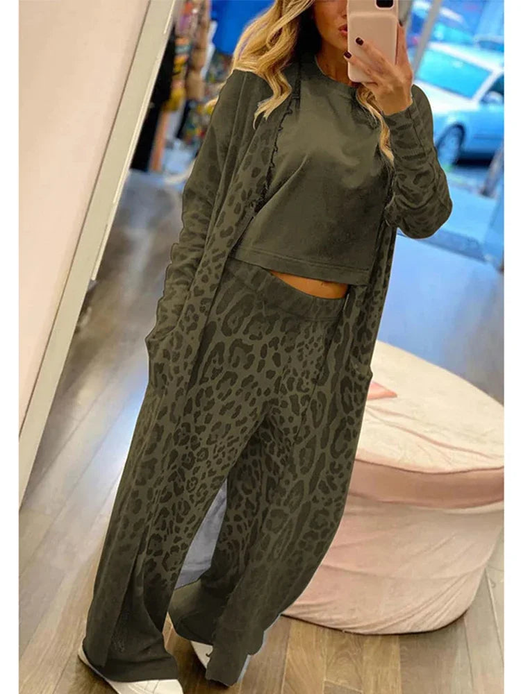 ModeGeist | Leopardenprint Cardigan, Langarm Taschen und Gummizug Hosen Satz