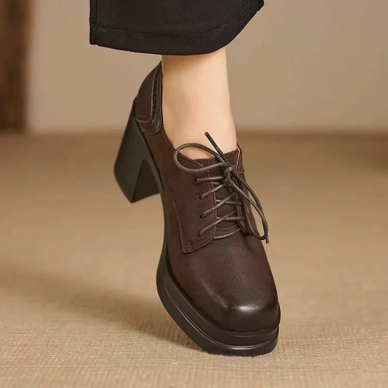 MODEGEIST Damen Oxford Schnürschuhe Blockabsatz Platform Braun Schwarz