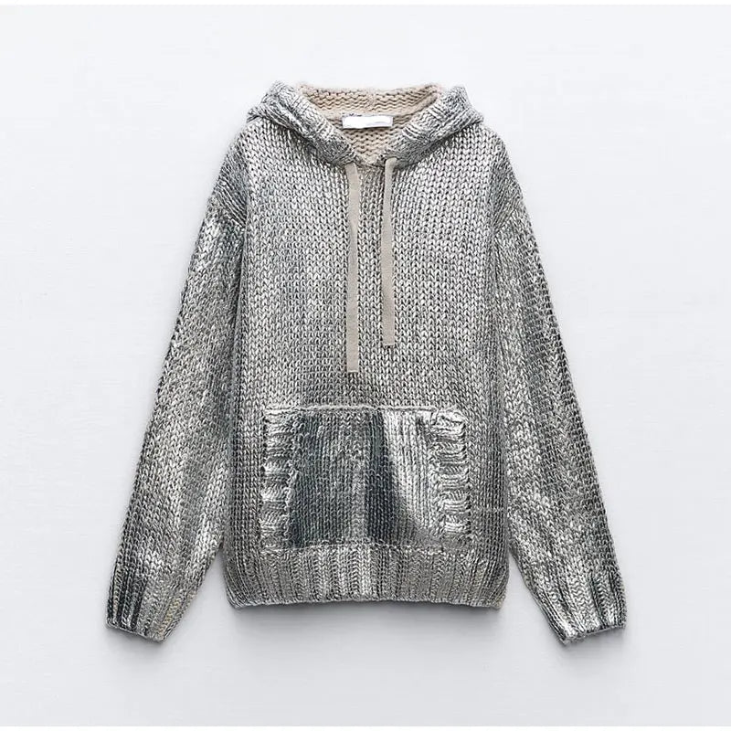 Silberner Metallic Kapuzenpullover von Fudus