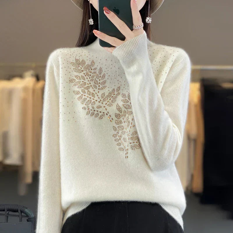 MODEGEIST Damen Pullover Verziert Blatt-Design Elegant Vielseitig