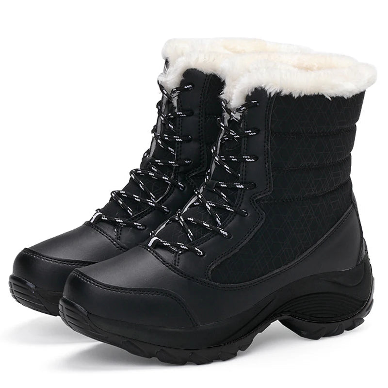 ModeGeist | Schneestiefel – Mitten-Wade – Kunstfell Gefüttert – Schnürsenkel – Plattformsohle – Wasserabweisend
