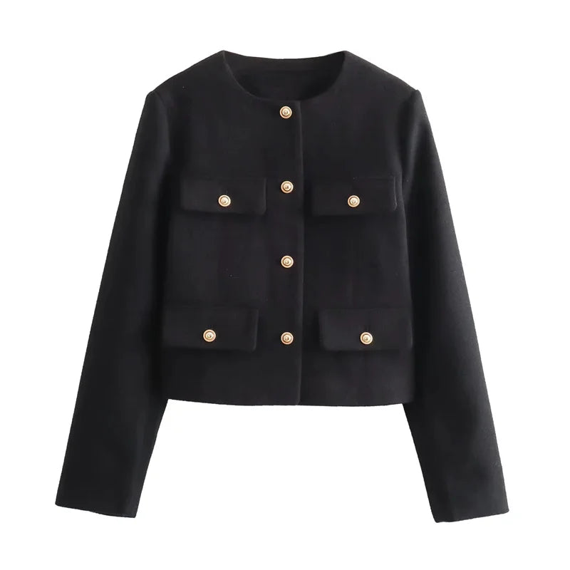 ModeGeist | Elegante Bouclé-jacke Goldknöpfe und Taschen Klassischer Stil