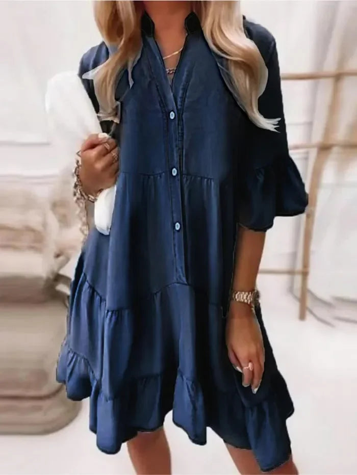 MODEGEIST Damen Mini-Kleid Jeans Volants Knopfleiste Hellblau