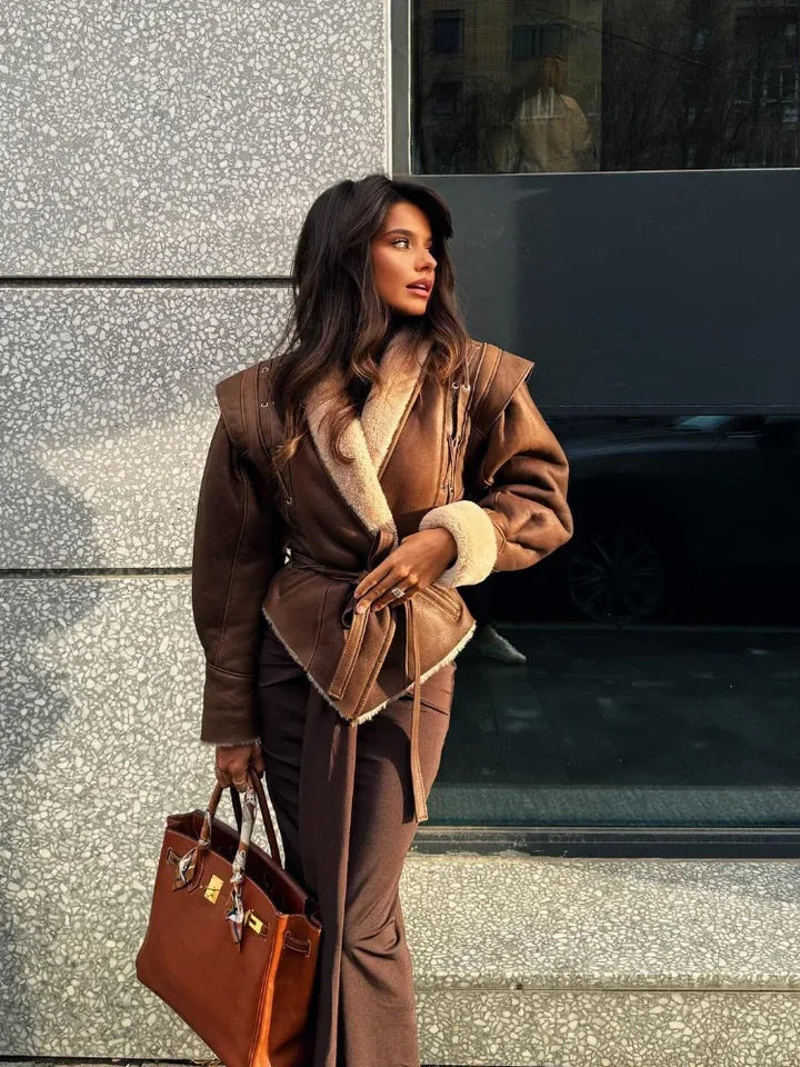 ModeGeist | Braune Lederjacke mit Fell und Gürtel