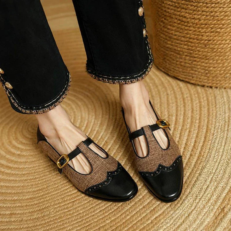 MODEGEIST Damen Vintage T-Spangen-Schuhe Zweifarbig Braun Schwarz