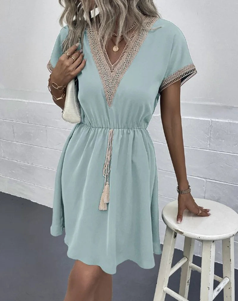 MODEGEIST Damen Boho-Kleid V-Ausschnitt Fließend Casual
