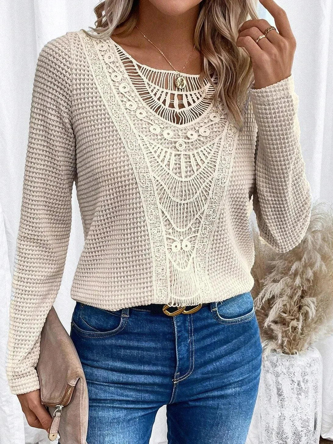 MODEGEIST Damen Strickpullover Langarm Klassisch Beige