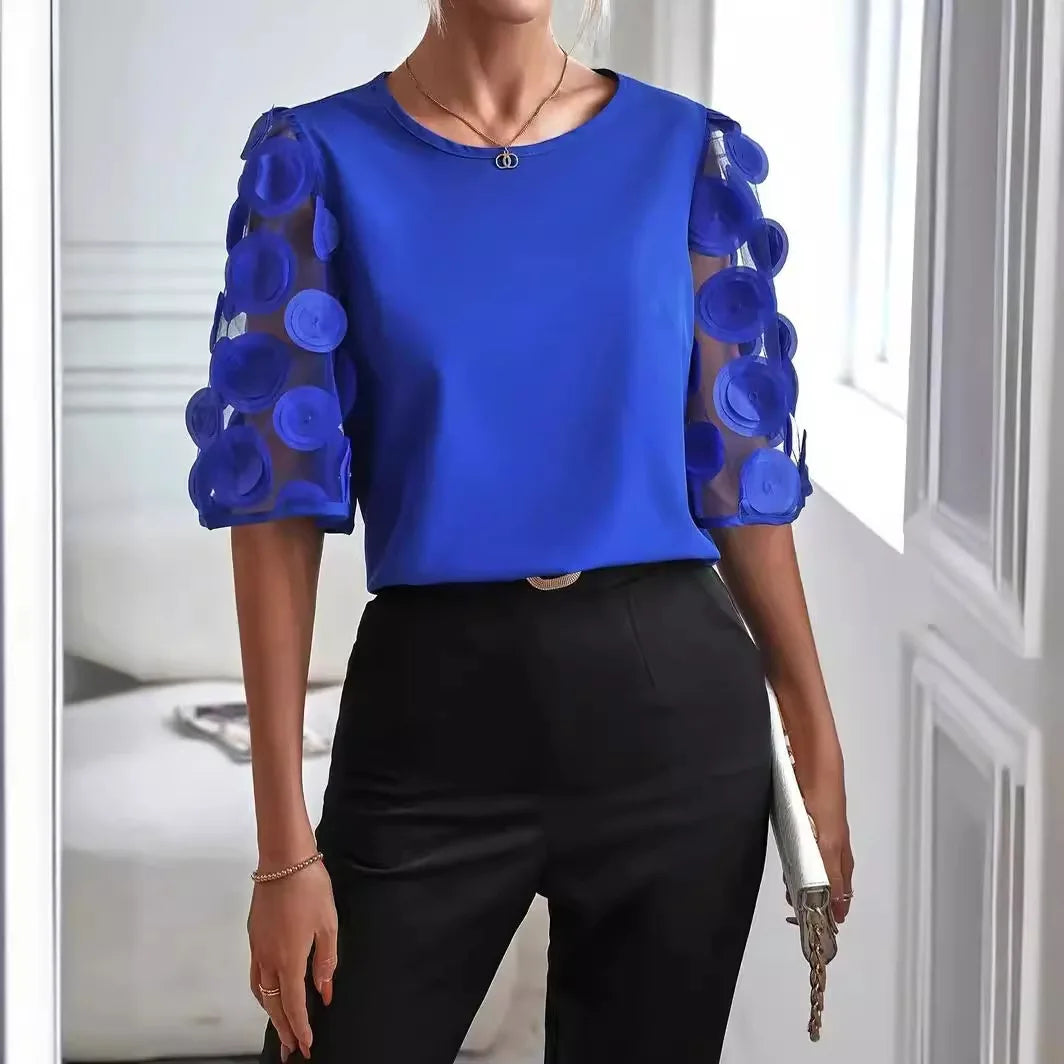 MODEGEIST Damen Langarm-Bluse V-Ausschnitt Transparente Ärmel Punkte-Details