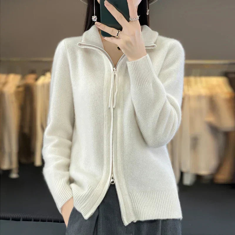 ModeGeist | Woll Cardigan Doppelter Reißverschluss und Hoher Kragen Weich und Elegant