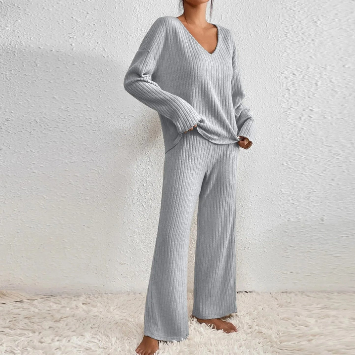 MODEGEIST Damen Strick Zweiteiler Set Entspannt Beige Loungewear