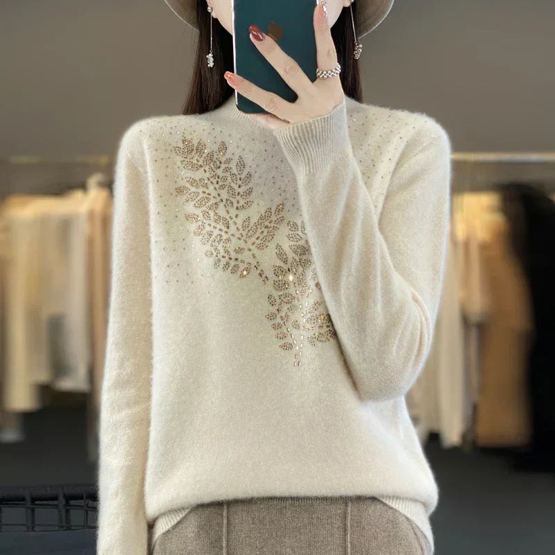 MODEGEIST Damen Pullover Verziert Blatt-Design Elegant