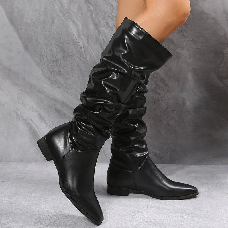 ModeGeist | Knielange Punk-Stil Falten Pu-Leder Stiefel