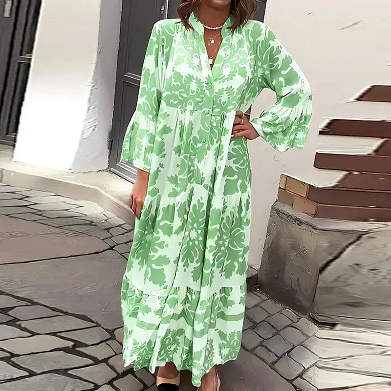 MODEGEIST Damen Boho Maxikleid fließend bedruckt Muster lange Ärmel