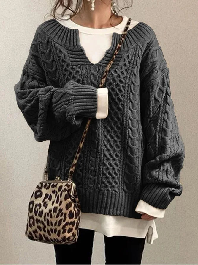 Damen-Pullover im Retro-Stil mit V-Ausschnitt und Zopfmuster
