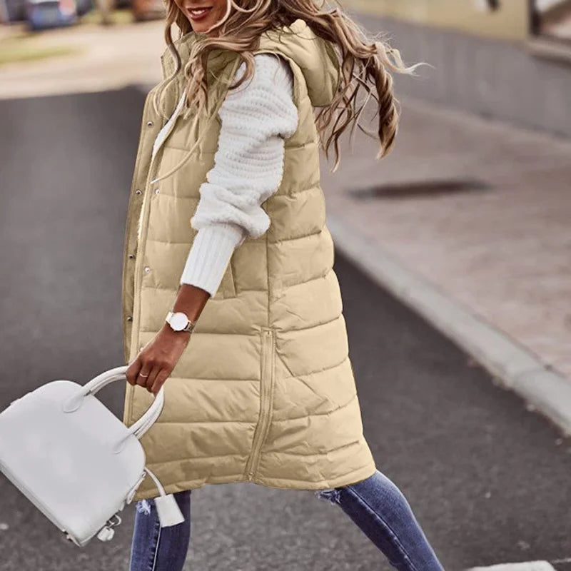 ModeGeist | Lange Pufferweste mit Kapuze Polyester Warm, Trendy