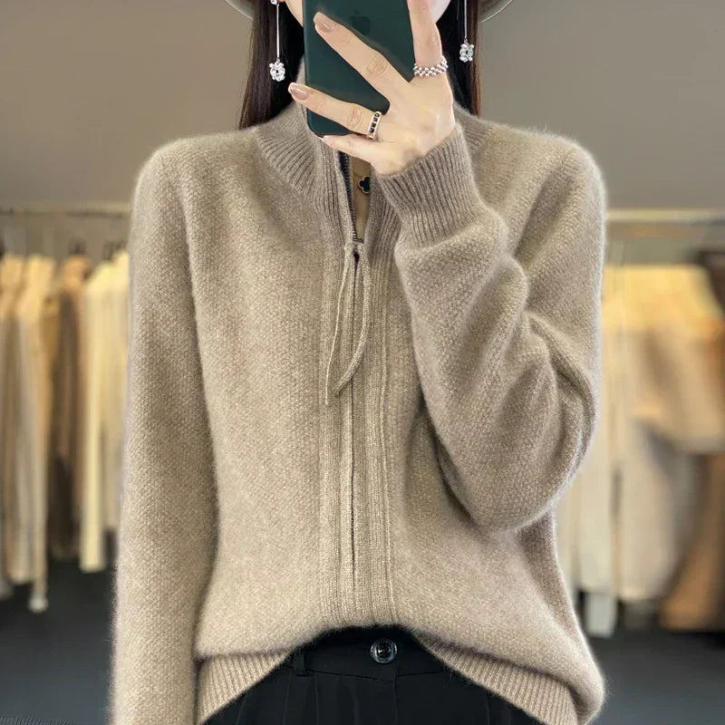 ModeGeist | Woll Cardigan Doppelter Reißverschluss und Hoher Kragen Weich und Elegant