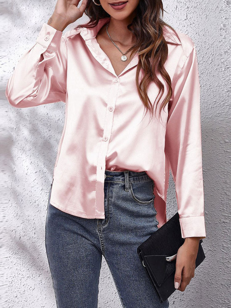 Damen-Bluse mit Knöpfen – Leichte Frühlingsbluse mit weitem Schnitt – Langarm-Oberteil aus Kunstseide