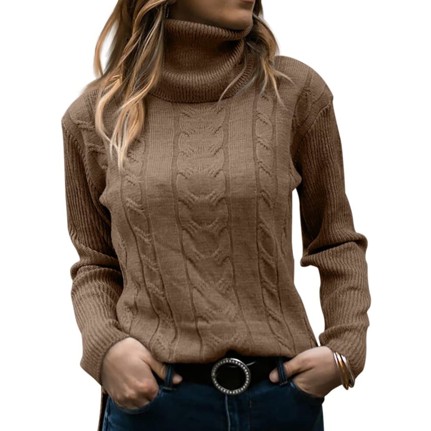 Damen-Rollkragenpullover in Zopfmuster