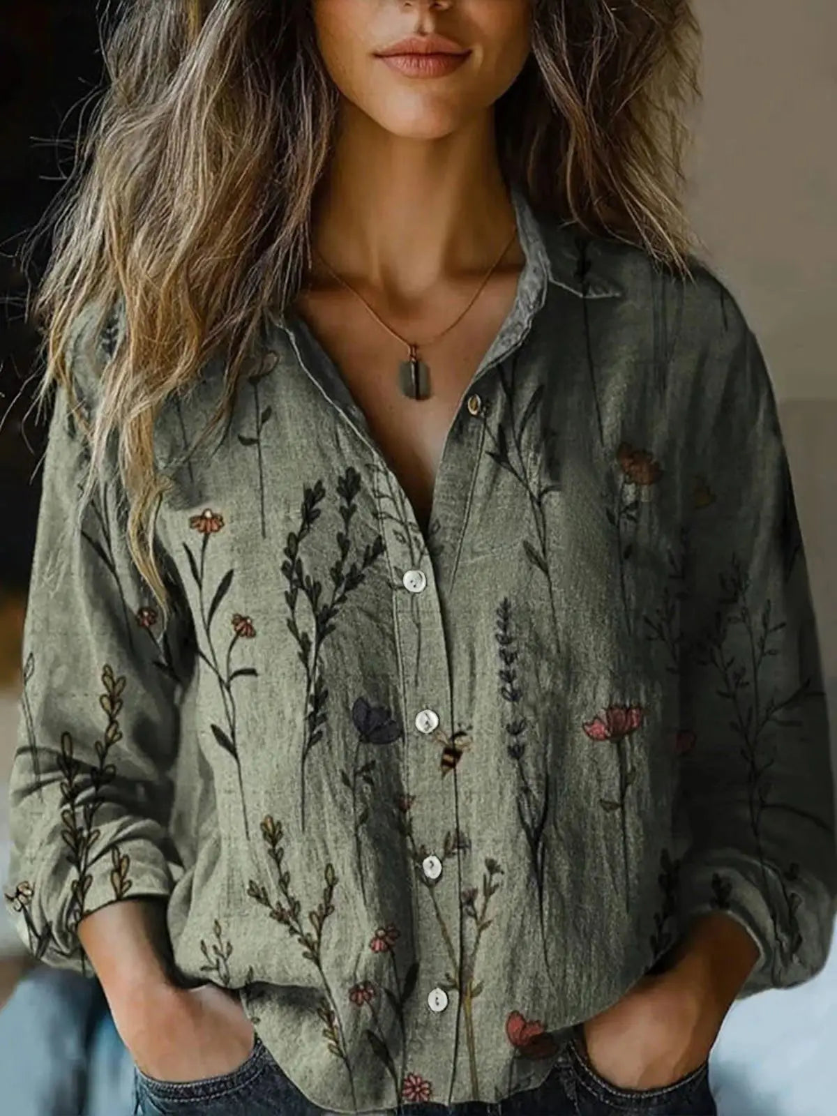 MODEGEIST Damen Bluse Langarm Blumenmuster Herbstfarben Knopfleiste