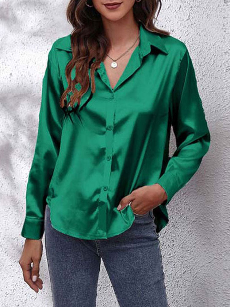 Damen-Bluse mit Knöpfen – Leichte Frühlingsbluse mit weitem Schnitt – Langarm-Oberteil aus Kunstseide