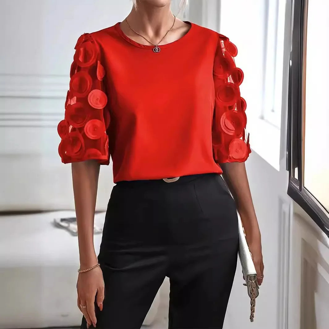 MODEGEIST Damen Langarm-Bluse V-Ausschnitt Transparente Ärmel Punkte-Details