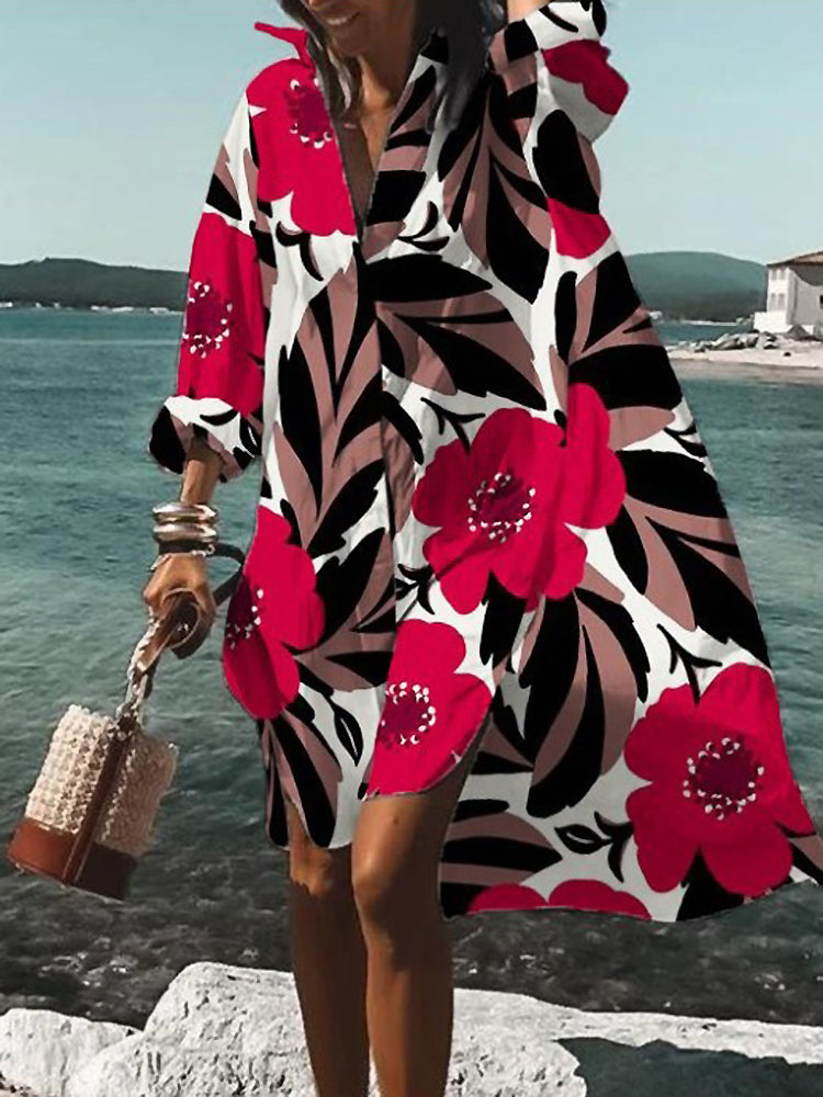 MODEGEIST Damen Midi-Hemdblusenkleid Oversize Print Baumwolle