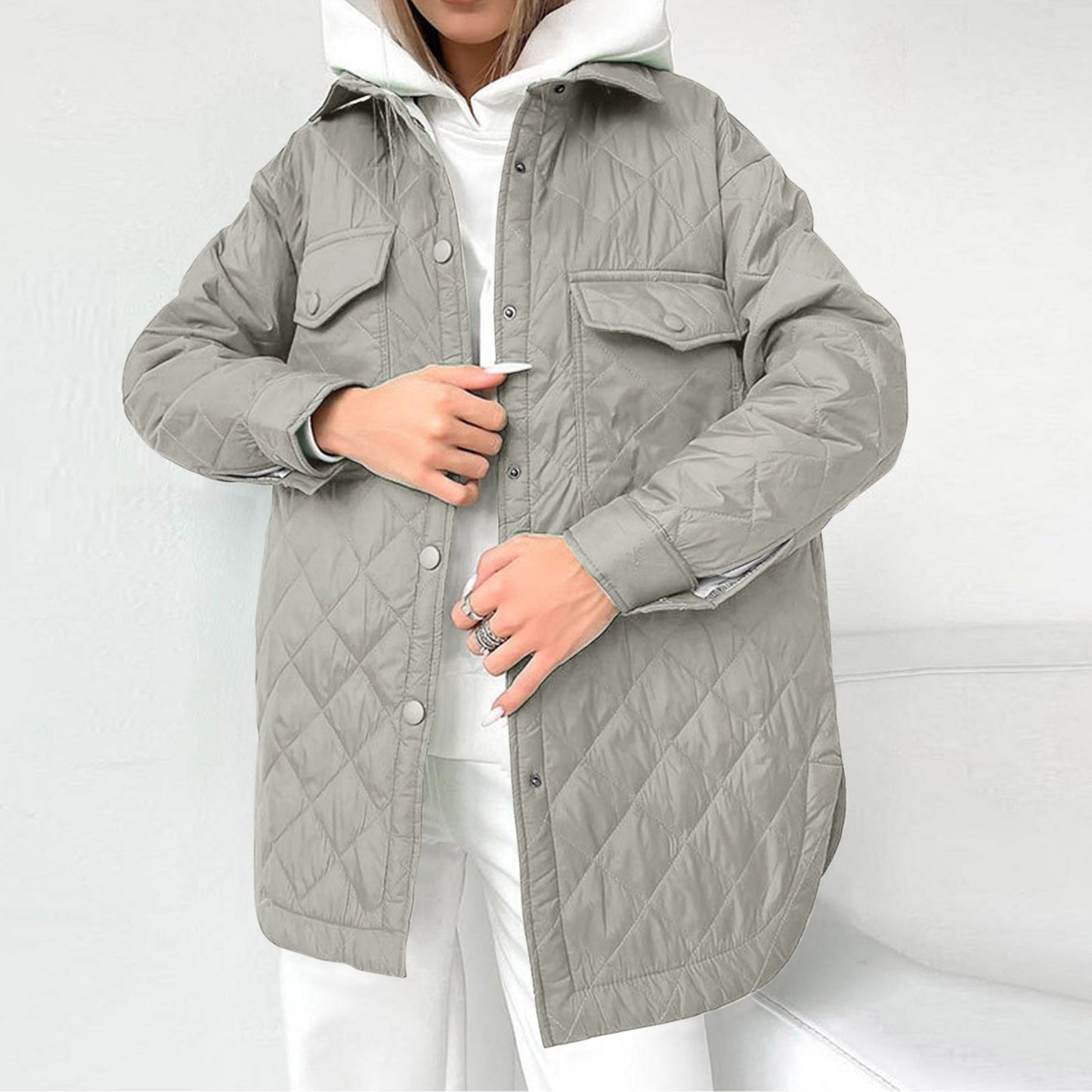 ModeGeist | Lange Steppjacke mit Druckknopfverschluss für Frauen Ideal für Den Winter
