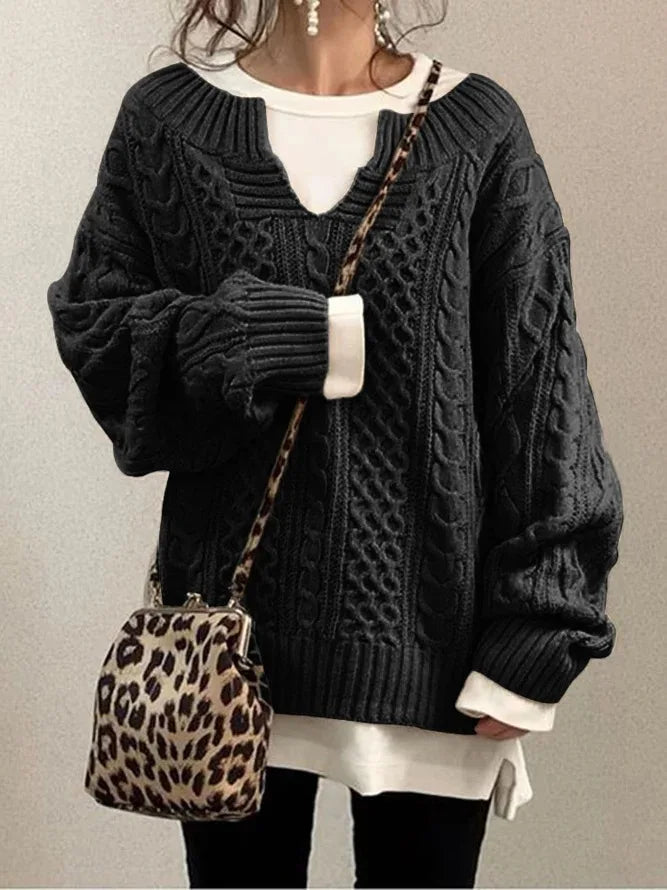 Damen-Pullover im Retro-Stil mit V-Ausschnitt und Zopfmuster