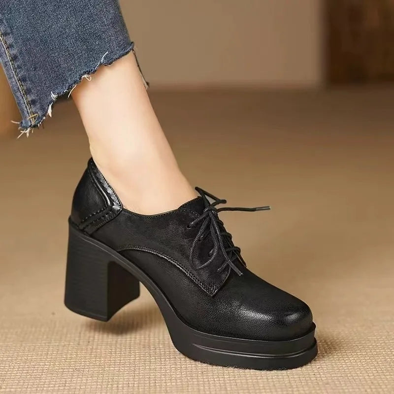 MODEGEIST Damen Oxford Schnürschuhe Blockabsatz Platform Braun Schwarz