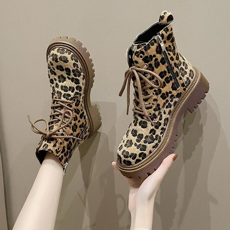 ModeGeist | Dick-Sohlige Leopardmuster Kurze Stiefel