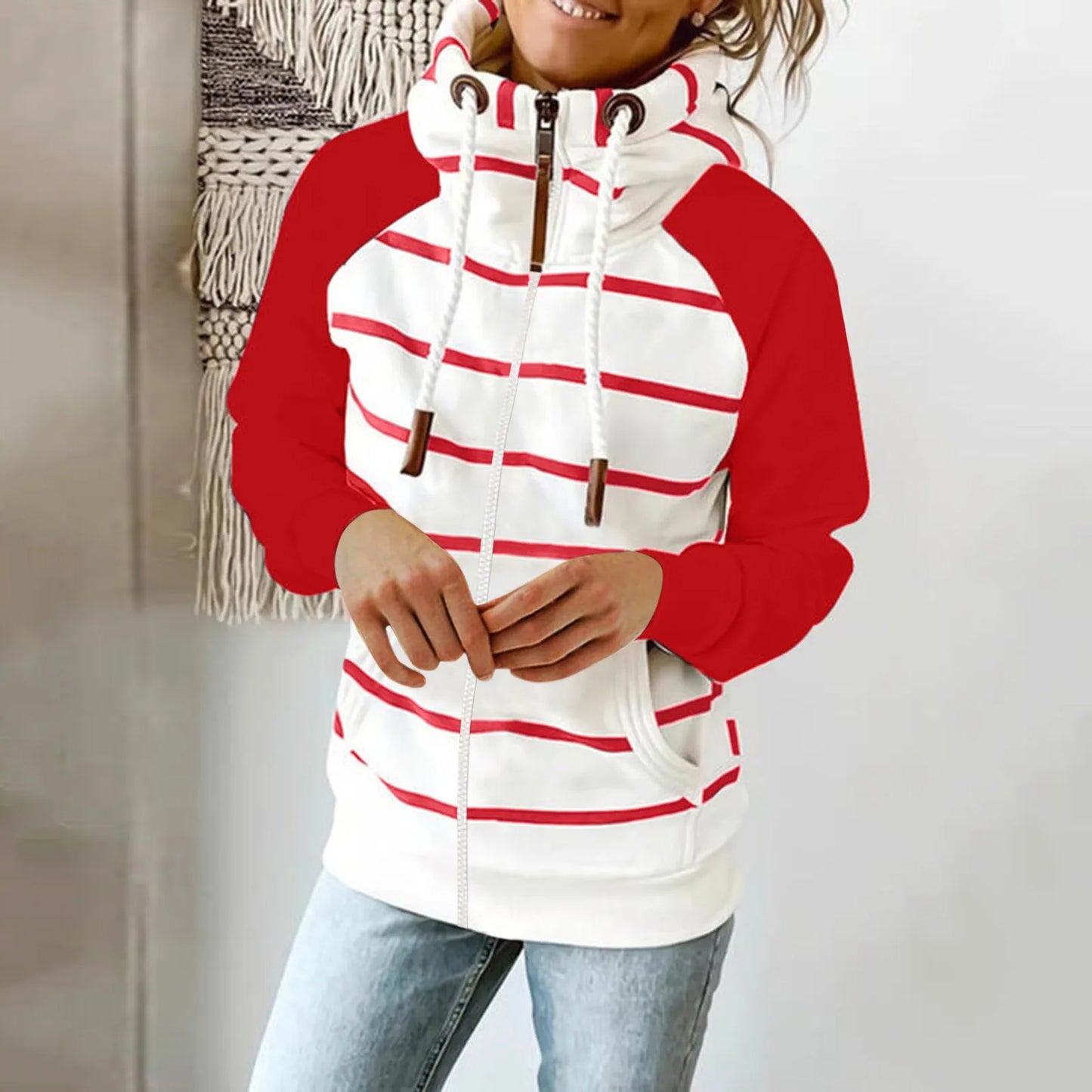 Fudus Kapuzenpullover mit langen Ärmeln, Streifen, Kordelzug und Taschen