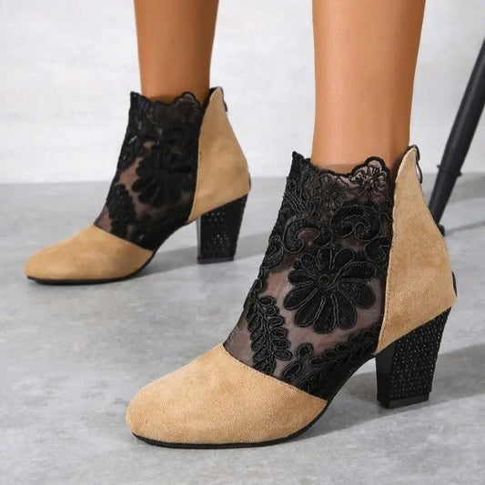 MODEGEIST Damen High Heels Spitze Mesh-Details Schwarz