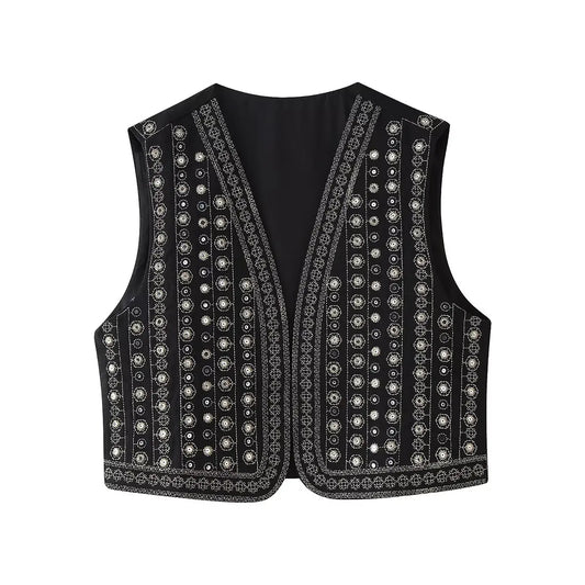 MODEGEIST Damen Boho-Weste Pailletten-Muster Schwarz Polyester