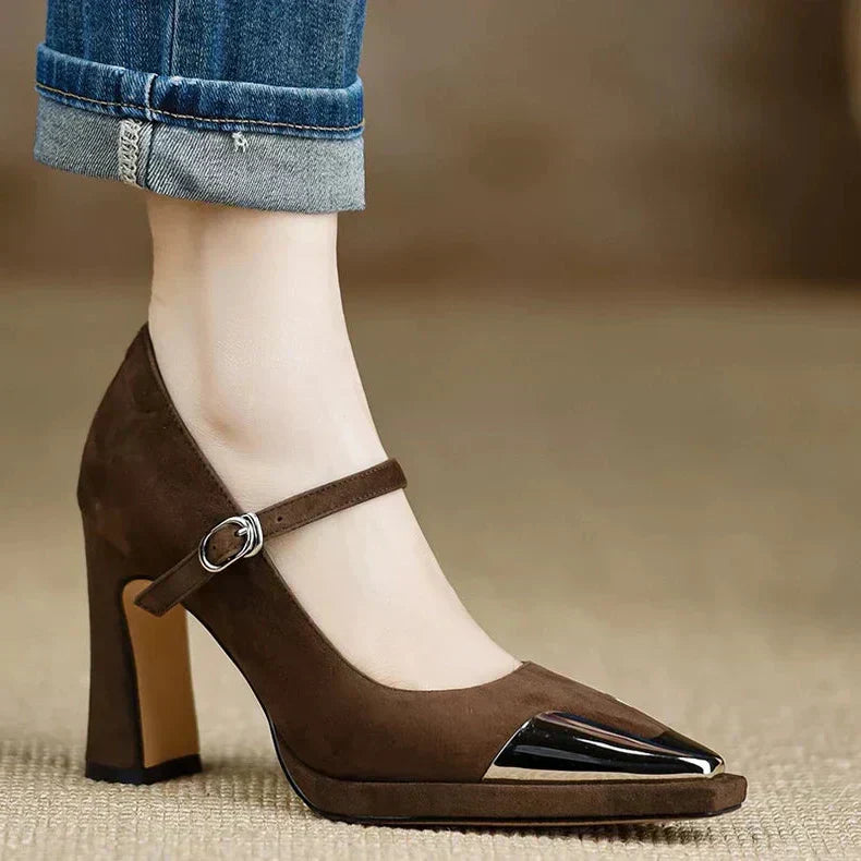 MODEGEIST Damen High-Heel Pumps Cap-Toe Blockabsatz