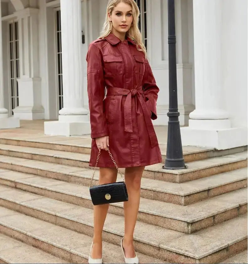 ModeGeist | Krawatte Taille Lange Ärmel Kunstleder Hemdkleid