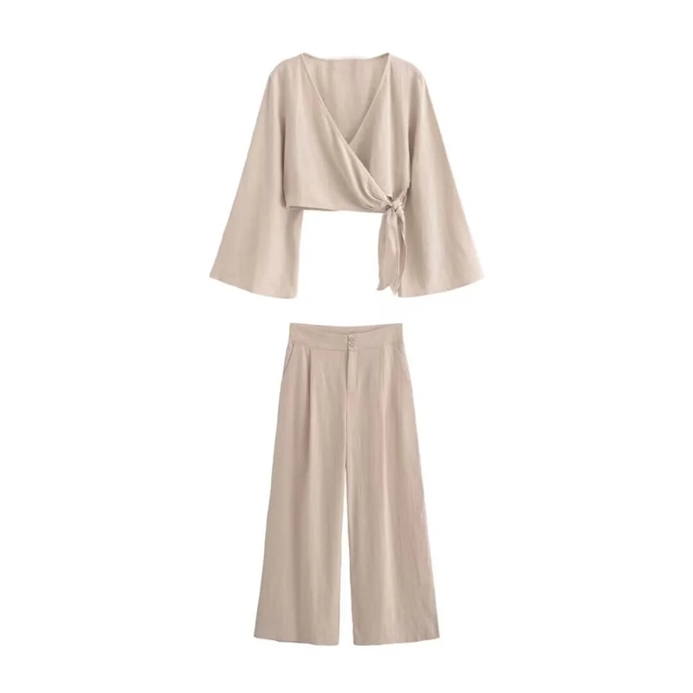 MODEGEIST Top and Trousers Set: Wrap Short Sleeve, Long Sleeve, V-Neck, Wide Leg - Summer