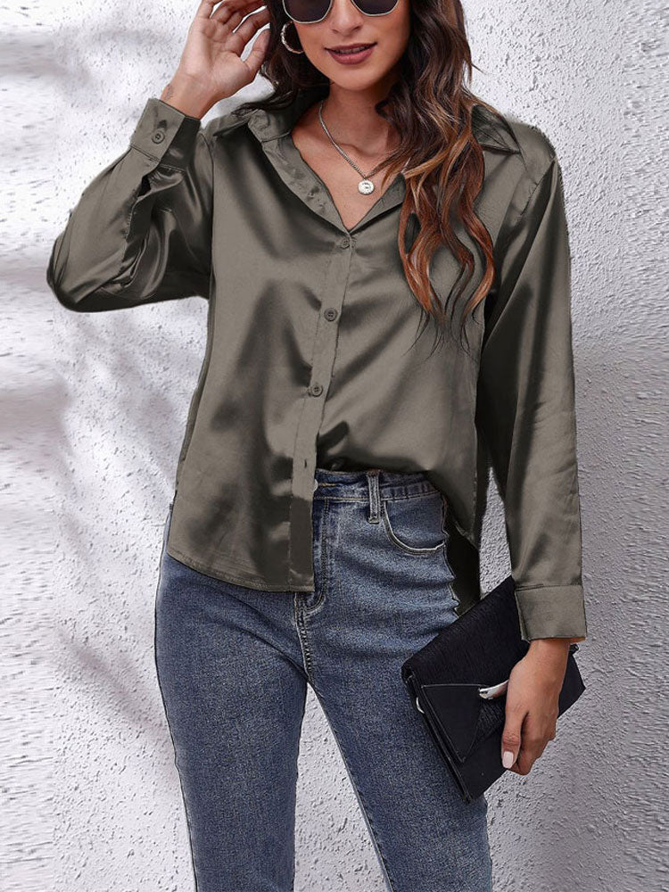 Damen-Bluse mit Knöpfen – Leichte Frühlingsbluse mit weitem Schnitt – Langarm-Oberteil aus Kunstseide