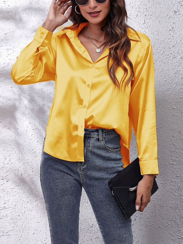 Damen-Bluse mit Knöpfen – Leichte Frühlingsbluse mit weitem Schnitt – Langarm-Oberteil aus Kunstseide
