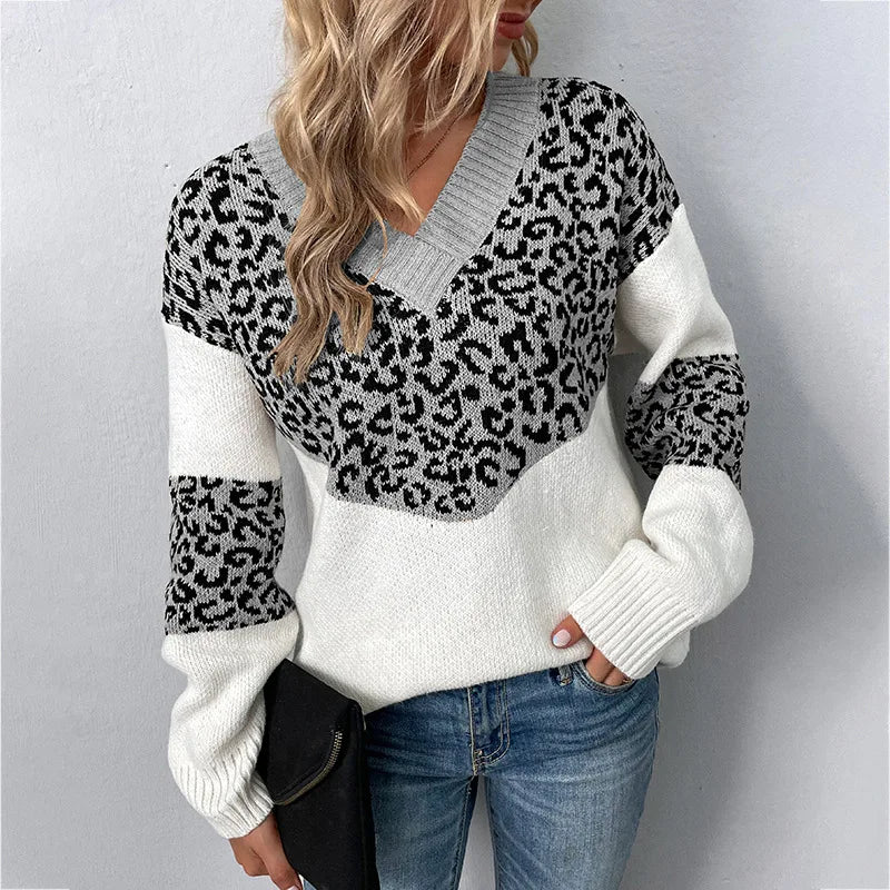 MODEGEIST Damen V-Ausschnitt Pullover Leopardenmuster Weichstrick