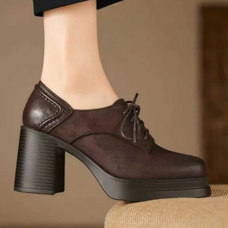 MODEGEIST Damen Oxford Schnürschuhe Blockabsatz Plateau