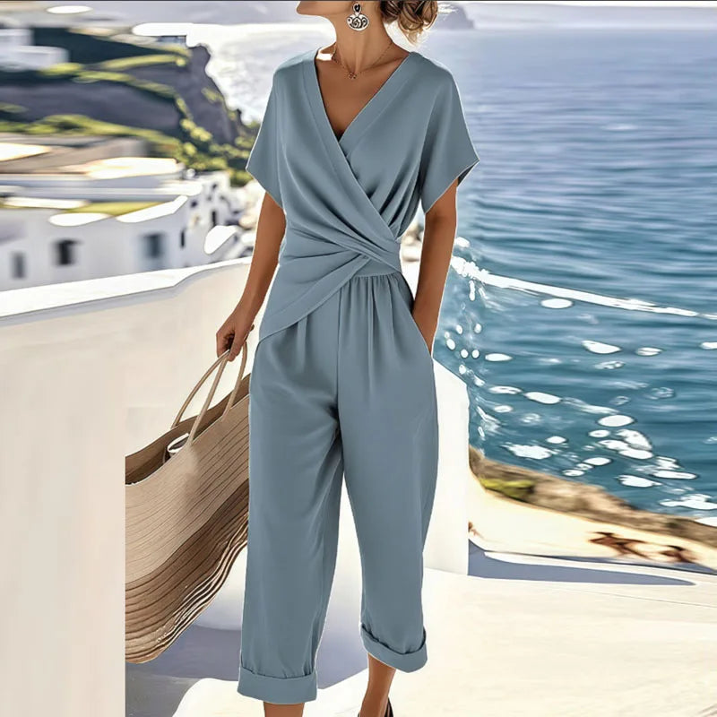 MODEGEIST Damen Zweiteiler Set Wickeltop Elegant Tailored Sommer