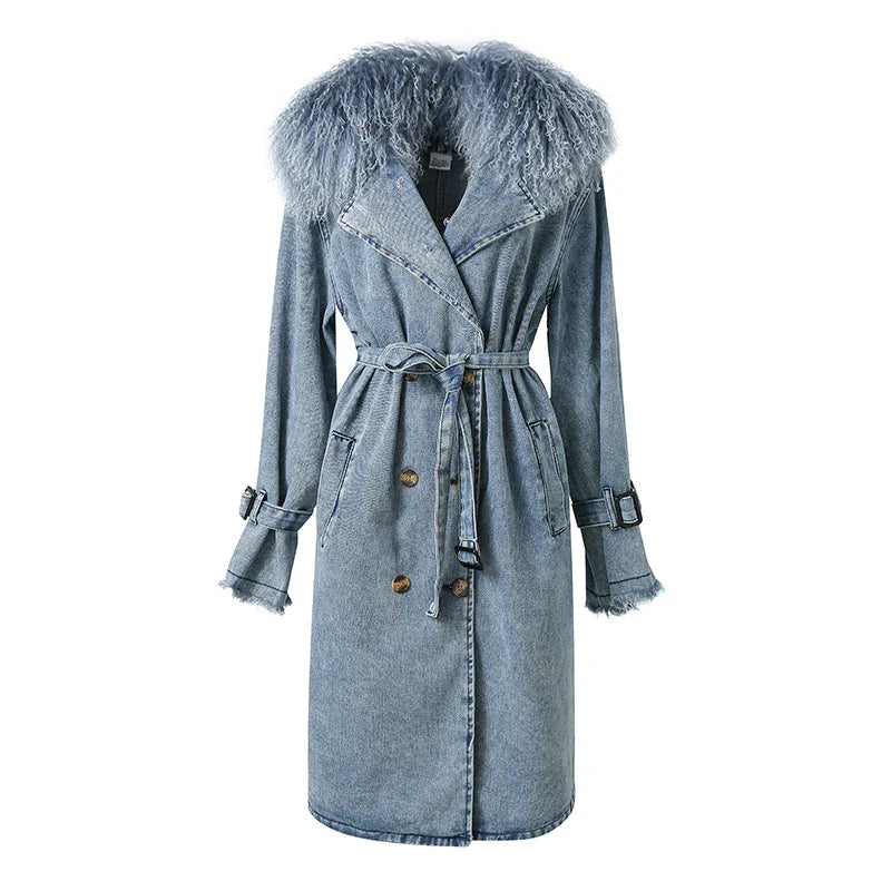 ModeGeist | Lange Denimjacke mit Kunstfell Baumwollmix Modern und Elegant