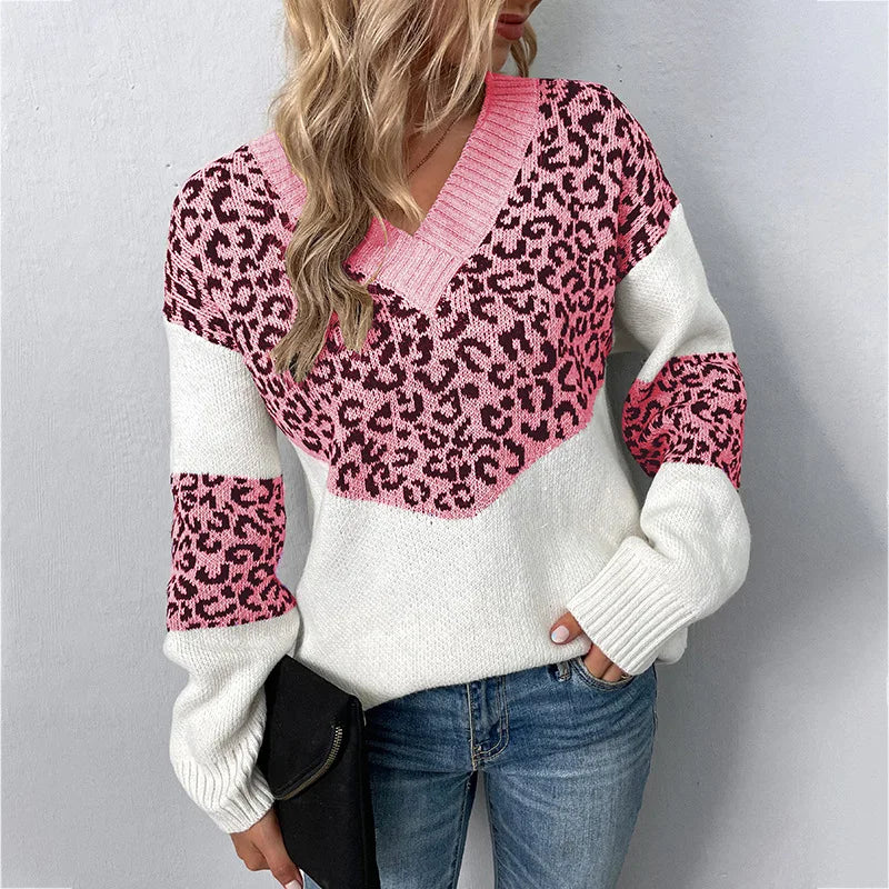 MODEGEIST Damen V-Ausschnitt Pullover Leopardenmuster Weichstrick