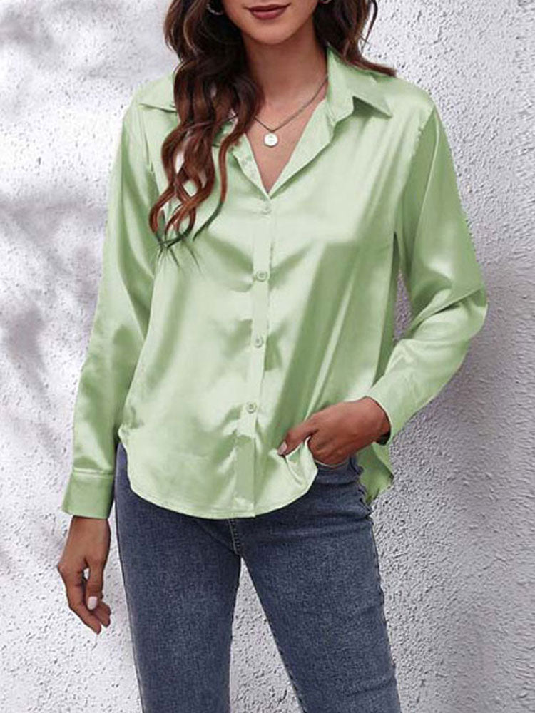 Damen-Bluse mit Knöpfen – Leichte Frühlingsbluse mit weitem Schnitt – Langarm-Oberteil aus Kunstseide