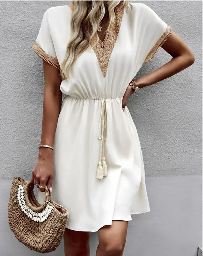 MODEGEIST Damen Boho-Kleid V-Ausschnitt Fließend Casual