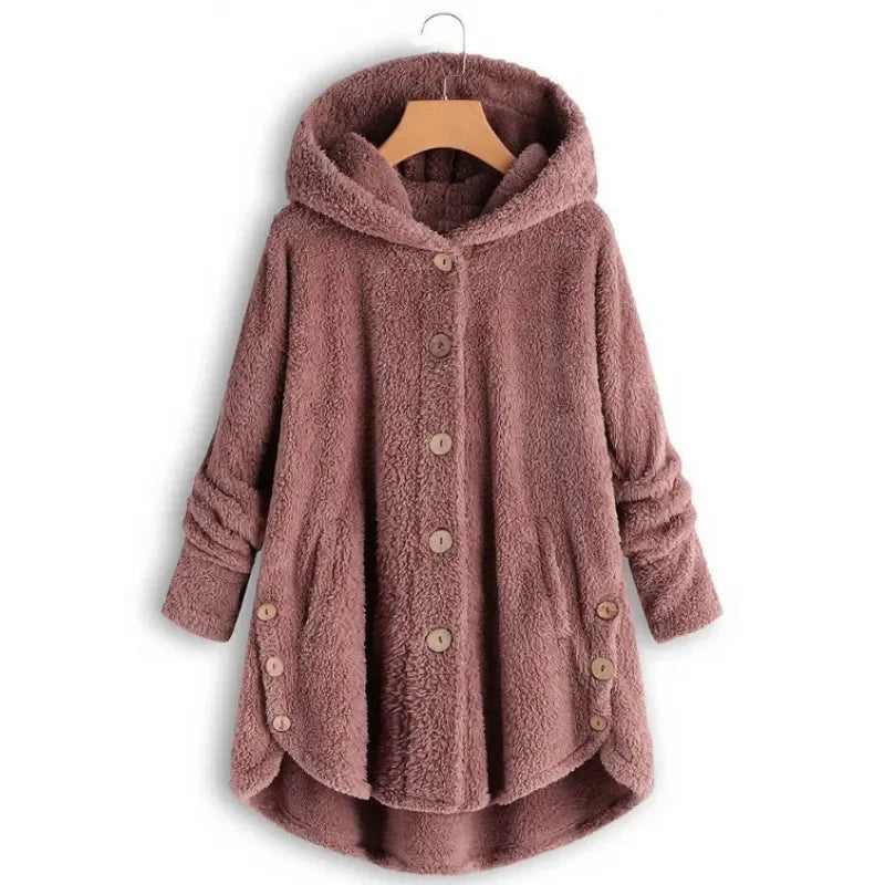 ModeGeist | Fleecejacke - Lockere Passform - Kapuze - Knopfverschluss - Verlängertes Rückenteil