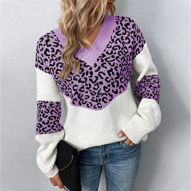 MODEGEIST Damen V-Ausschnitt Pullover Leopardenmuster Weichstrick