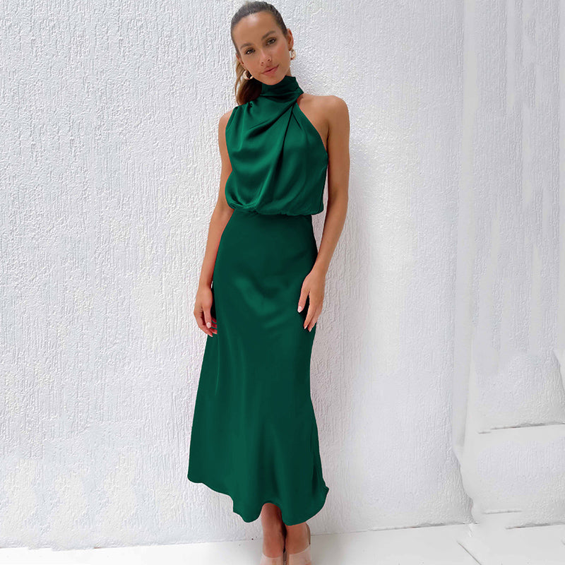 MODEGEIST Damen Abendkleid Neckholder Satin A-Linie Elegant