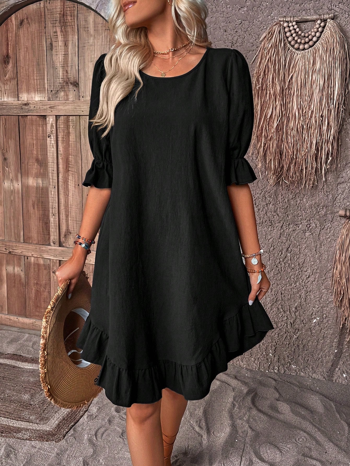 MODEGEIST Damen Sommer-Kleid Rüschen locker geschnitten Bauchbetonung