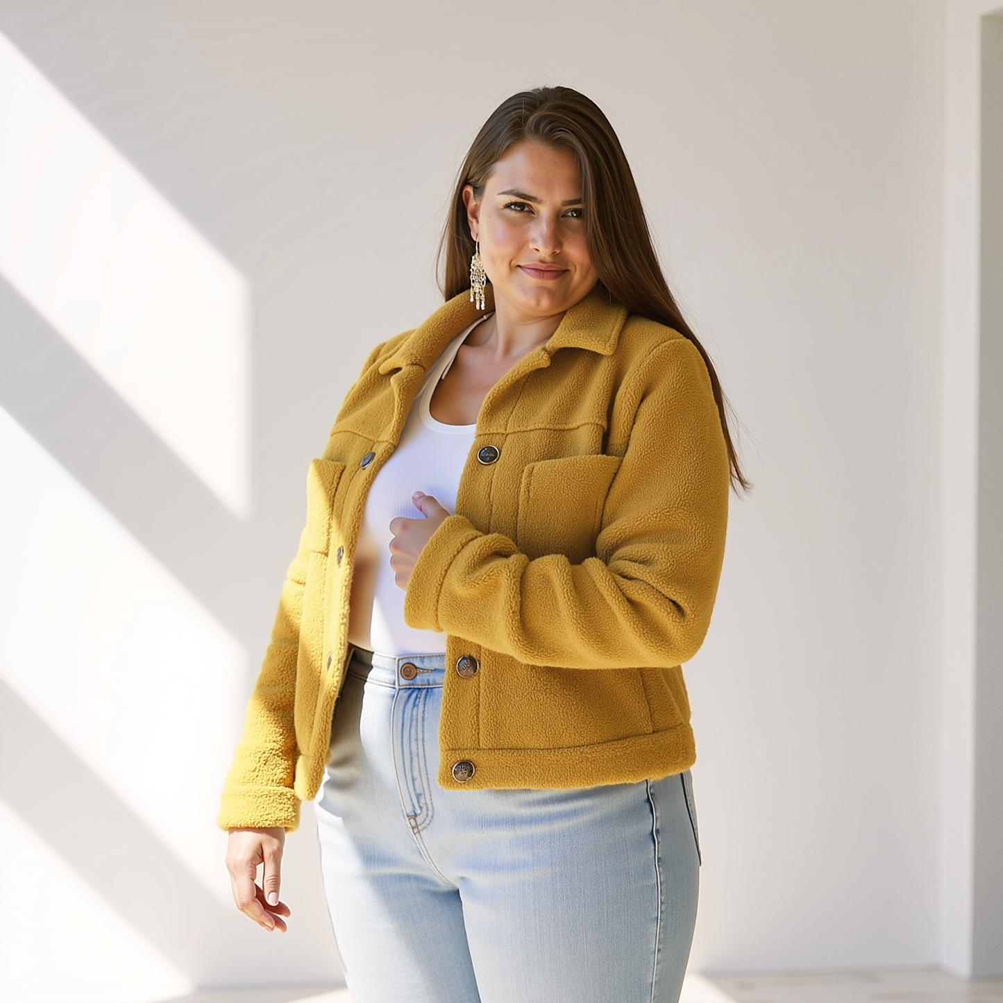 ModeGeist | Weiche Damen Teddy Herbstjacke mit Knöpfen und Taschen